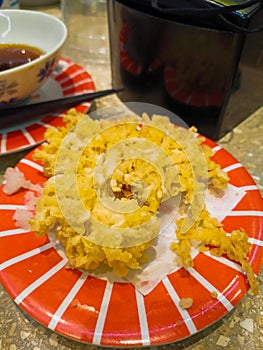 Crispy enoki mushrooms tempura with shoyu sauce