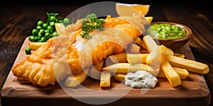 Crispy Fish and Chips on a Plate, Traditional British Pub Meal with French Fries and Lemon, Closeup on a White