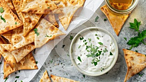 Crispy flatbread crackers with herbs served with a bowl of yogurt dip