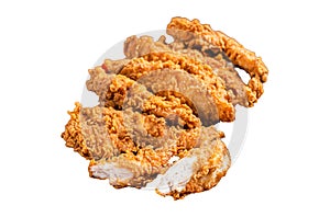 Crispy fried Breaded chicken strips, breast fillet meat with tomato ketchup on a plate. Isolated, white background.