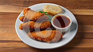 Crispy fried Breaded chicken strips and nuggets, breast fillet tenders with sweet and sour sauce sauce on a plate. Wooden