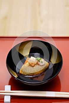 crispy fried buckwheat dumpling with dashi-based sauce. Japanese soba cuisine