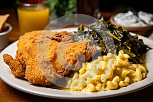 Crispy fried catfish fillets with a side of creamy mac and cheese and collard greens