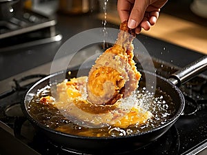 Crispy fried chicken being pulled out of hot oil