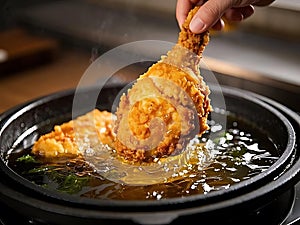 Crispy fried chicken being pulled out of hot oil