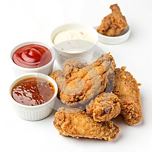 Crispy fried chicken wings with dipping sauces isolated photo