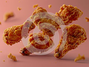 Crispy Fried Chicken Wings Floating on a Pink Background with Dynamic Crumbs and Breadcrumbs