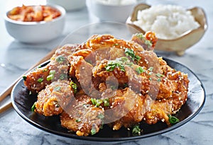 Crispy fried korean chicken wings in galbi sauce with pickled radish, kimchi, and rice side dishes photo