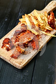 Crispy Fried sesame chicken.,French fries and barbeque sauce