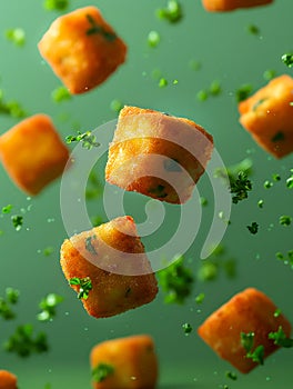 Crispy Fried Tater Tots Suspended in Mid Air with Chopped Herbs on a Green Background Perfect for Delicious Snacks Concept