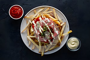 Crispy fries with tomato sauce and mayonnaise in foodgraphy