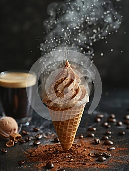 A crispy fry cone filled with rich coffee ice cream, dusted with fine spice, surrounded by the aromatic fume of brewed coffee