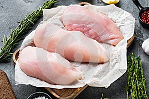 Crispy garlicky chicken raw ingredients on grey background