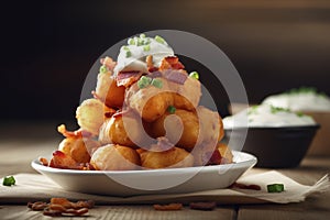 A satisfying and savory serving of loaded tater tots with bacon, cheese, and sour cream.Â 