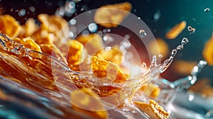 Crispy golden cornflakes splashing dramatically in fresh milk with dynamic motion and bright lighting