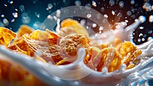Crispy golden cornflakes splashing dramatically in fresh milk with dynamic motion and bright lighting