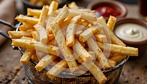 crispy golden Frenc served in a rustic metal basket photo