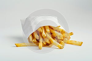 Crispy golden french fries in a white paper bag