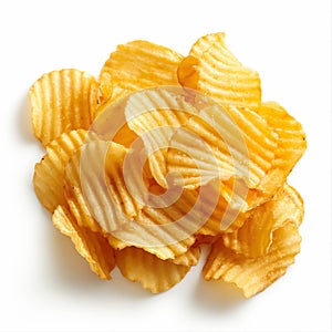 Crispy Golden Potato Chips Pile Isolated on White