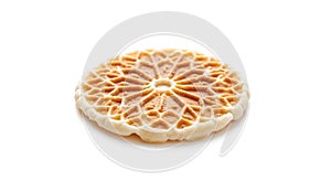 Crispy golden round waffle with intricate geometric pattern isolated on white background