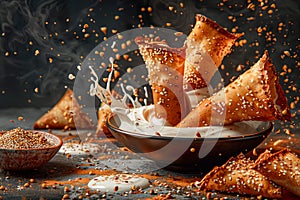 Crispy Golden Samosas Splashing into Creamy Sauce with Sesame Seeds in Dramatic Lighting on Dark Background