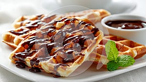 Delicious Belgian waffles topped with chocolate sauce and fresh mint on a elegant white plate