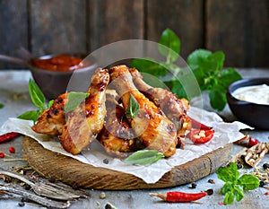 Crispy grilled or barbecued spicy chicken wings