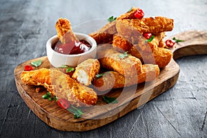 Crispy Halloumi cheese sticks Fries with Chili sauce for dipping. photo