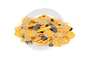 Crispy honey cornflakes with raisin isolated on white backgrond