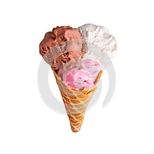 Crispy ice cream waffle cone with three scoops of vanilla, chocolate, strawberry ice cream on white background isolated close up