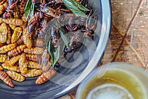 Crispy insects are served in black ceramic plates placed on tables made of steel grates, and fried insects are a popular food