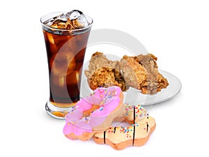 Crispy kentucky fried chicken with fresh coke and donut isolated on white background