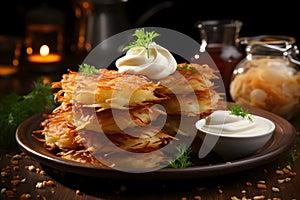 crispy latkes, a traditional Hanukkah treat, served with sour cream