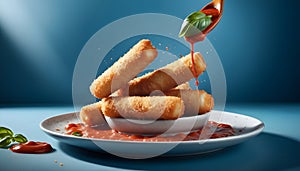 Crispy Mozzarella Sticks in a Ceramic Dish with basil leaf and Tomato Sauce