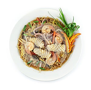 Crispy Noodles in Thick Gravy with Shrimps and Squid Seafood Dish Xiang Jian Ji Si Mian