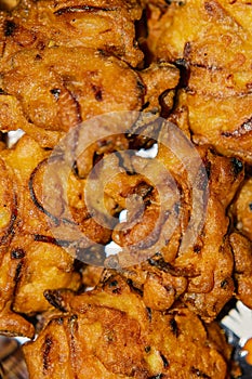 Crispy onion bhaji or kanda bhaji or fried onion pakore or pakode, favourite indian snack