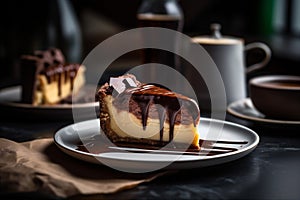 Crispy pastry cheesecake with chocolate. Dessert background. Generative AI.