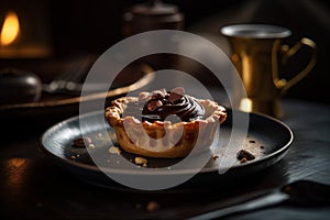 Crispy pastry tartlet filled chocolate. Generative AI.