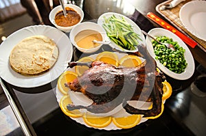 Crispy Peking duck with pancakes