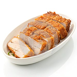 Crispy Pork in Dish Isolated on White Background photo