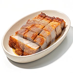 Crispy Pork in Dish Isolated on White Background photo