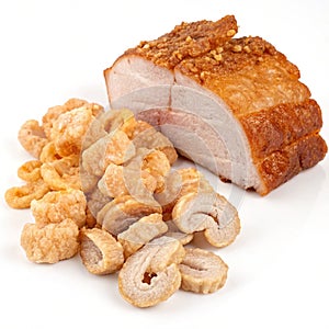 Crispy pork, pile of pork rind isolated on white background photo