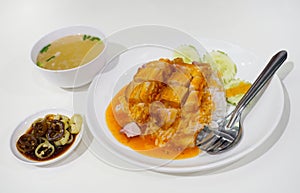 Crispy pork roasted on rice with sweet sauce, Chinese cuisine menu