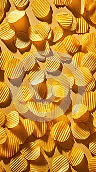 Crispy Potato Chips Arranged on Yellow Surface. Generative AI