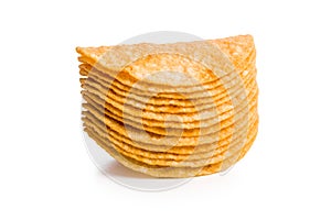 Crispy potato chips isolated on white background
