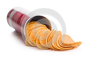 Crispy potato chips isolated on white background