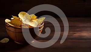 Crispy Potato Chips in Wooden Bowl on Rustic Table, Copy Space