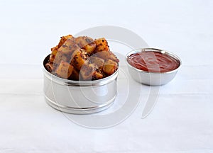 Crispy Potato Fry or Aloo Fry Indian Vegetarian Snack and Ketchup