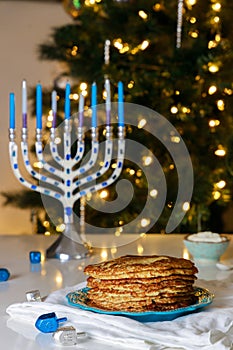 The crispy potato latkes served during Hanukkah are traditional Jewish food.