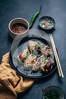 Crispy potstickers with chili oil